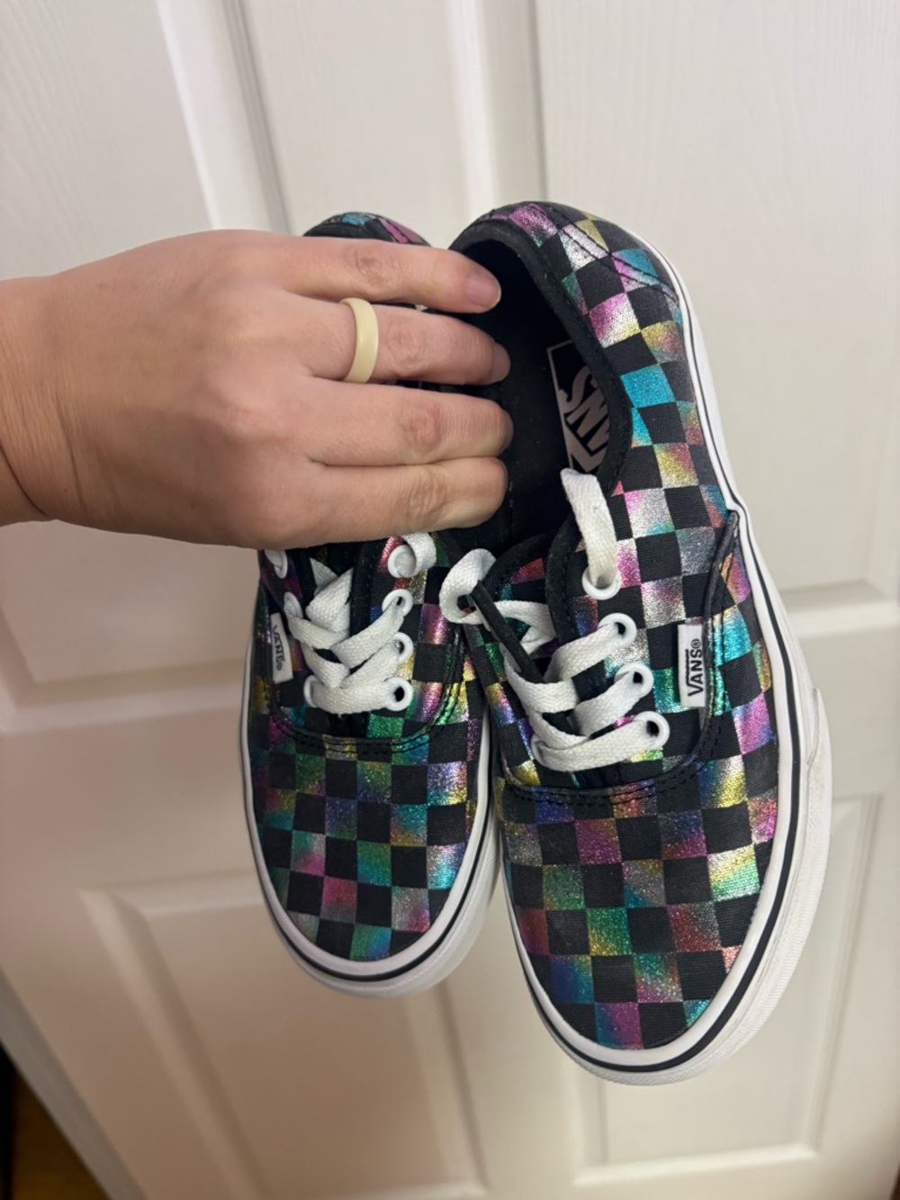 Vans Iridescent Checkerboard Low Top Sneakers - Black, Purple, Green, Gold - Picture 4 of 5